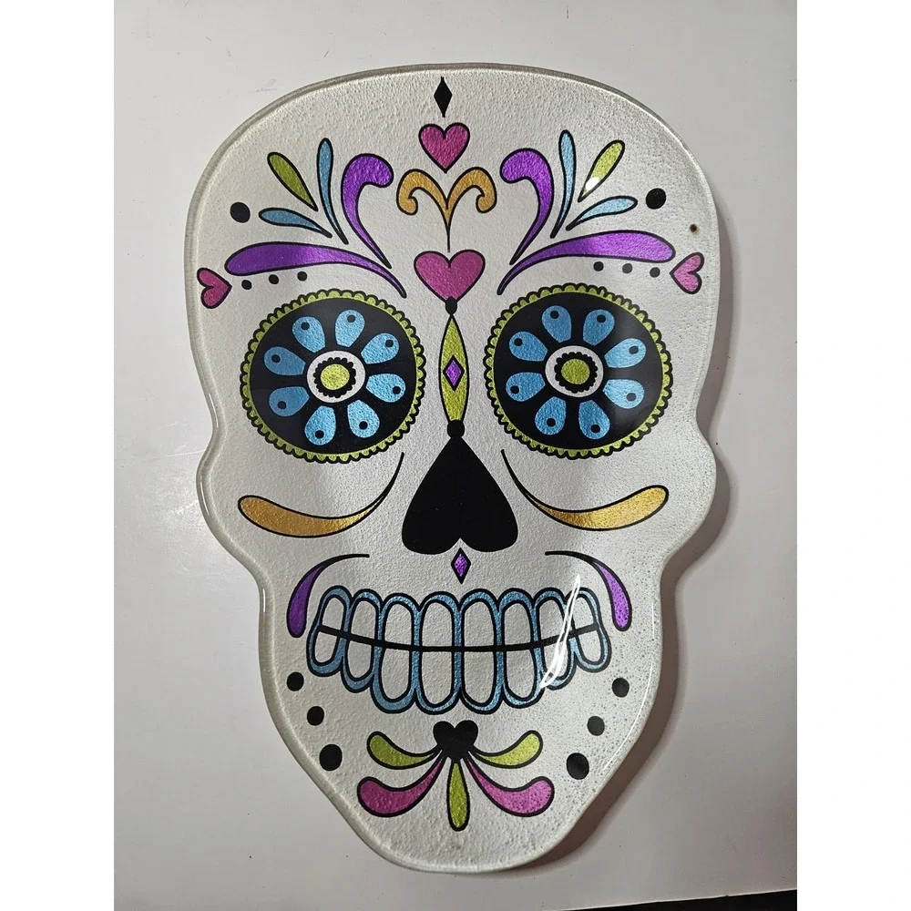 Day of the Dead Sugar Skull Glass Serving Plate Dia de los Muertos Halloween 12